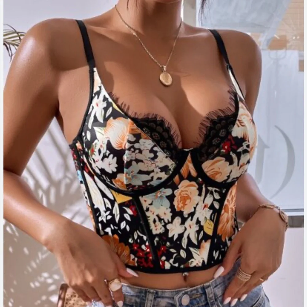 SHEIN VCAY Floral Print Eyelash Lace Trim Bustier Bra